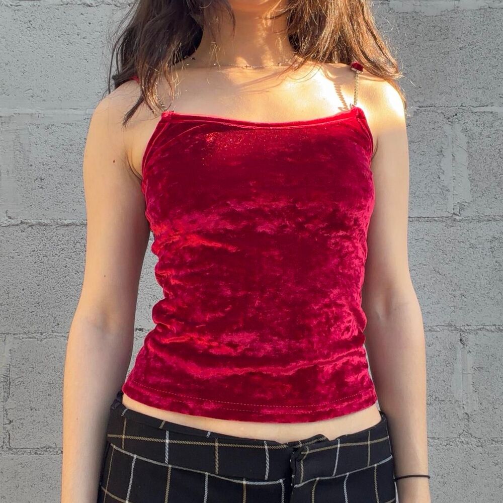 Madlen Red Velvet Cami Top With Rhinestone Strap Details Size XS